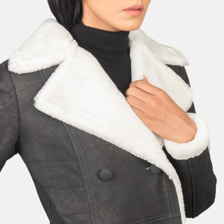 Womens Amie Black Double Breasted Shearling Coat Close-Up-9-1652199110862